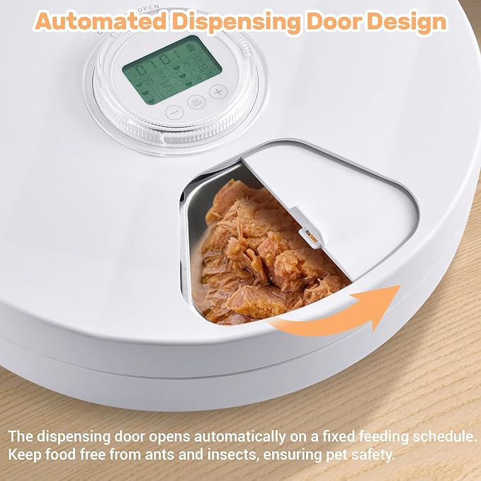 Automatic Cat Feeder Wet Food, Battery Operated Auto Feeder with 2 Ice Packs, Digital Cordless Pet Fresh Food Bowl with Timer and Memory Function for Cats Small Dogs (6-Meal Stainless Steel)-PawvioPets