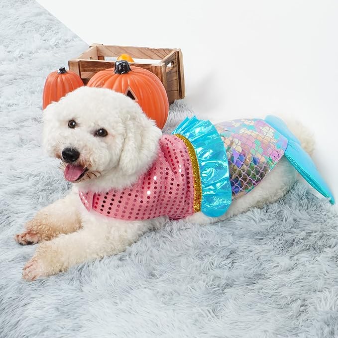cyeollo Mermaid Dog Costume Halloween Dog Clothes with Sparkly Sequin Holiday Party Outfits Puppy Pet Costumes for Small Dogs Size XS-PawvioPets