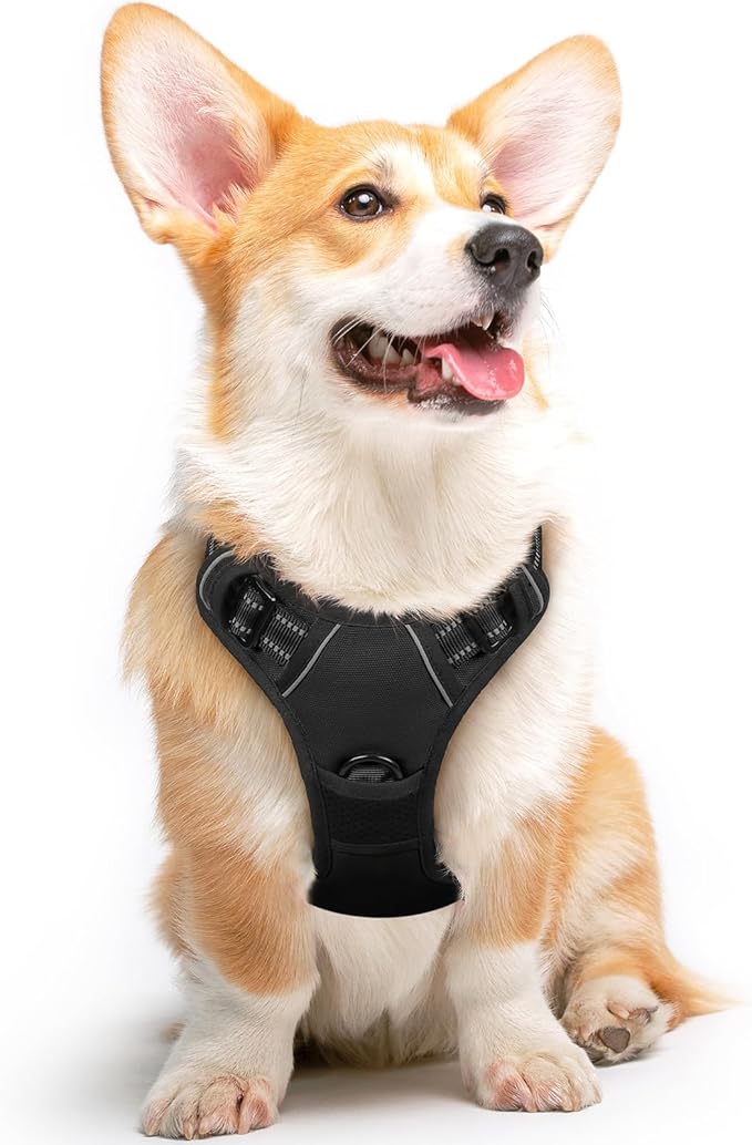 Eagloo Dog Harness Medium Sized Dog, No Pull Service Vest with Reflective Strips and Control Handle, Adjustable and Comfortable for Walking, No Choke Pet Harness with 2 Metal Rings, Black, M-PawvioPets
