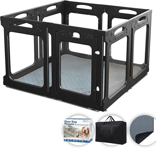 Clear Dog Playpen Indoor, Effectively Relieves Pet Anxiety, Suitable for Most Dogs, Black-PawvioPets