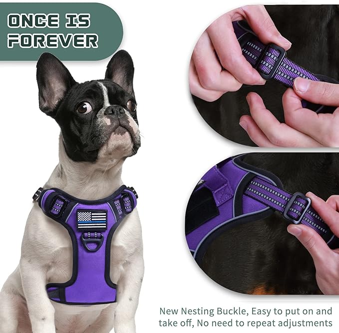 BUMBIN Tactical Dog Harness for Small Dogs No Pull, Famous TIK Tok No Pull Puppy Harness, Fit Smart Reflective Pet Walking Harness for Training, Adjustable Dog Vest Harness with Handle Purple XS-PawvioPets