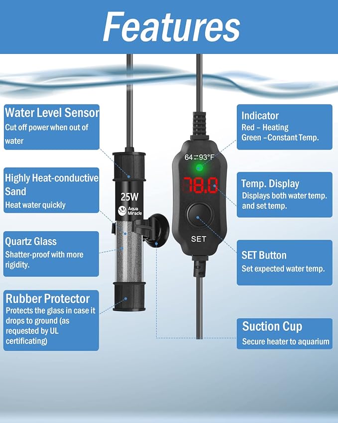 AquaMiracle Adjustable 25W Aquarium Heater Submersible Fish Tank Heater Super Short Aquarium Heater with LED Digital Display Thermostat, for Tanks 3-5 Gallons-PawvioPets