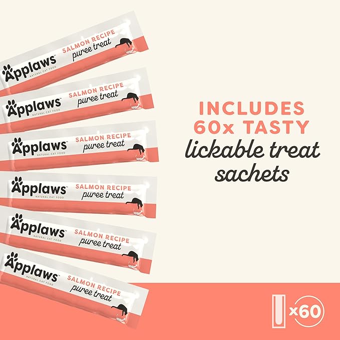 Applaws Lickable Cat Treats, Natural Grain-Free Purée, Limited Ingredient, Salmon Squeeze Up Cat Treats (60 x 0.5 oz Sachets)-PawvioPets