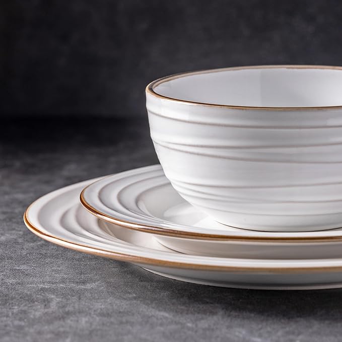 GBHOME Ceramic Dinnerware Sets, 24 pcs Embossed Elegant Stoneware Plates and Bowls Sets, Housewarming Wedding Gift | Dishwasher & Microwave Safe | Dishes Set Service for 8-PawvioPets