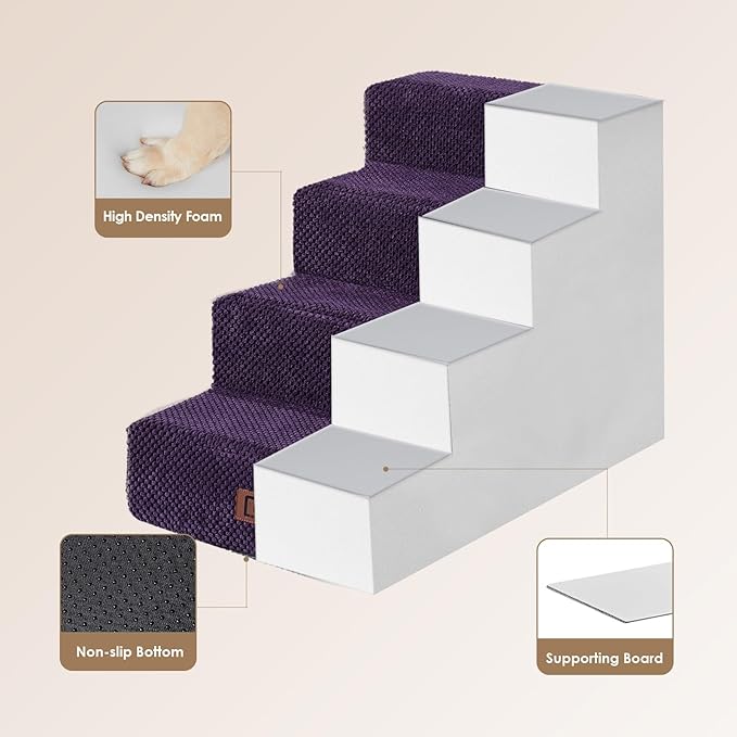 EHEYCIGA Dog Stairs for Bed 18" H, 4-Step Dog Steps for High Bed, Pet Steps for Small Dogs and Cats, Non-Slip Balanced Pet Ramp Indoor, Purple-PawvioPets