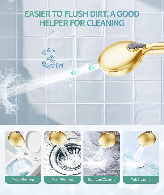 Filtered Shower Head with Handheld, High Pressure 9 Spray Mode Brushed Gold Showerhead with 4 Filters, Detachable Shower Head, Water Softener Filters Beads for Hard Water - Remove Chlorine-PawvioPets