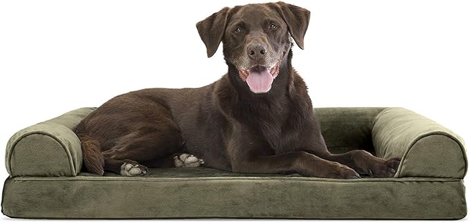 Furhaven Orthopedic Dog Bed for Large/Medium Dogs w/ Removable Bolsters & Washable Cover, For Dogs Up to 55 lbs - Faux Fur & Velvet Sofa - Dark Sage, Large-PawvioPets