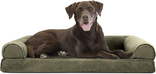 Furhaven Orthopedic Dog Bed for Large/Medium Dogs w/ Removable Bolsters & Washable Cover, For Dogs Up to 55 lbs - Faux Fur & Velvet Sofa - Dark Sage, Large-PawvioPets