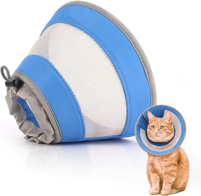 Breathable Air Mesh Cat Cone Collar Soft to Stop Licking, Adjustable, Foldable Lightweight Kitten Cones After Surgery Recovery for Cats & Kittens (Blue, S)-PawvioPets