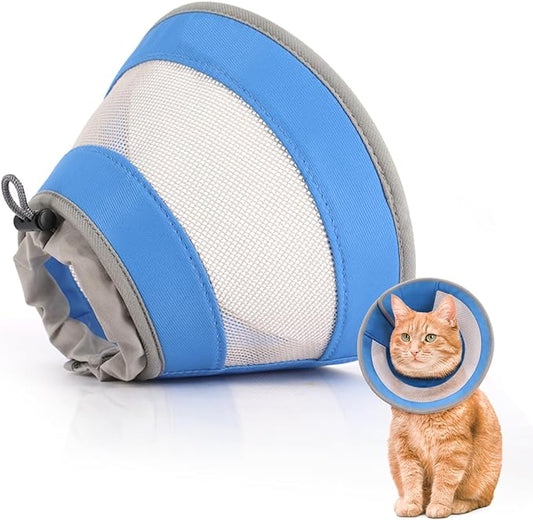 Breathable Air Mesh Cat Cone Collar Soft to Stop Licking, Adjustable, Foldable Lightweight Kitten Cones After Surgery Recovery for Cats & Kittens (Blue, S)-PawvioPets