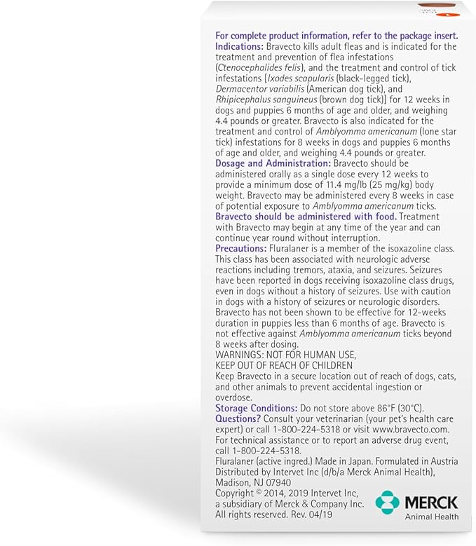 BRAVECTO Chew for Dogs, Flea & Tick, 1 Chew, 12 Week Supply, 9.9-22 lbs., Orange Box-PawvioPets