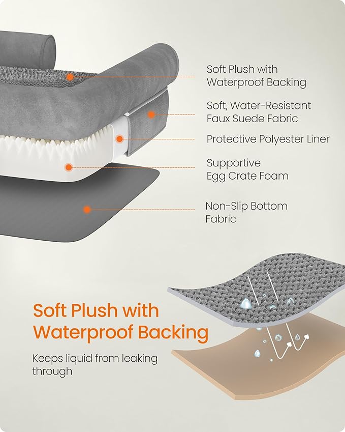 Feandrea Orthopedic Dog Bed, Large Dog Bed Waterproof, Removable Washable Cover Sofa with Non-Slip Bottom, Raised Edges, 48 x 33 x 8 Inches, Light Gray UPGW078G02V1-PawvioPets