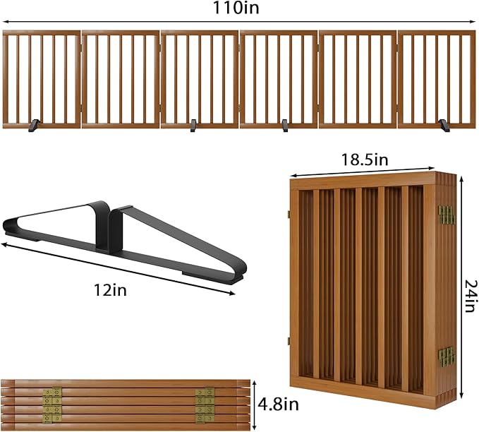 Freestanding Pet Gate Foldable Dog Gate (110 inches Wide) Walnut Bamboo Dog Gates for Stair Doorways House Puppy Fences Indoor (4 Support Feet Included)-PawvioPets