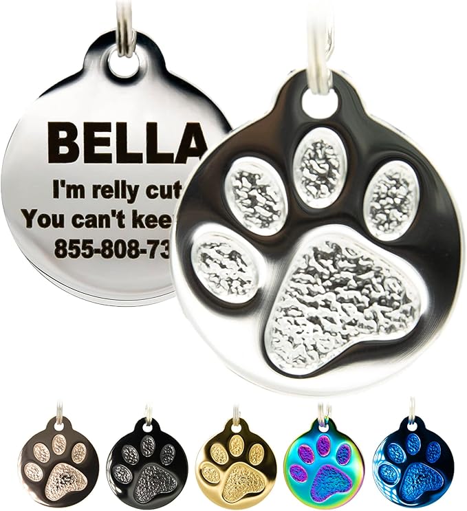 Engraved Pet Tag for Dogs and Cats - Personalized Front & Back up to 4 Lines of Text Custom Engraved ID, Round Paw Print Solid Plating Stainless Steel Silver Small-PawvioPets