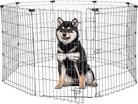 Foldable Dog Playpen 36" Height 8 Panels Metal Exercise Pen with Door - Indoor/Outdoor Dog Play Pen for Small-Medium Dogs, Portable Pet Fence for Yard Garden Camping, Black-PawvioPets