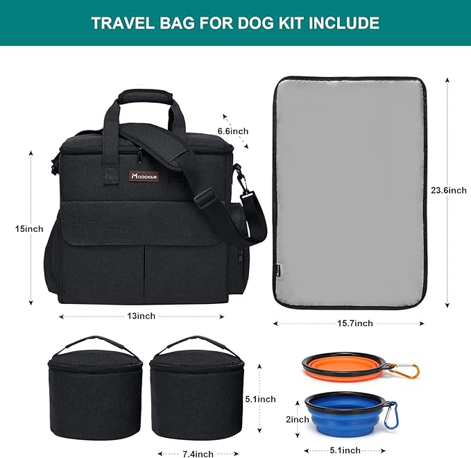 Dog Travel Bag by Modoker - Dog Travel Kit for a Weekend Away Set Includes Pet Travel Bag Organizer for Accessories, 2 Collapsible Bowls, 2 Travel Food Container (Black)-PawvioPets