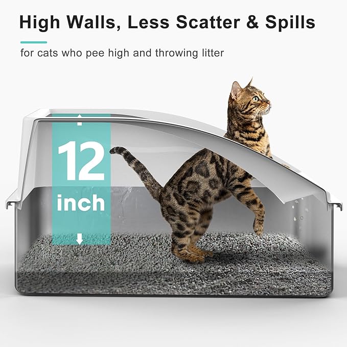 2 Pack Stainless Steel Litter Box | XL Enclosed Cat Litter Boxes with Lid for Big Cats and Multi-Cats | High Sided, Anti-Urine Leakage | Non-Stick Bottom（Silver Gray）-PawvioPets