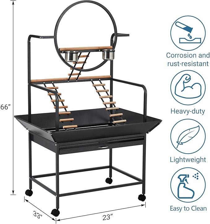 Bird Playstand, 66'' H Inch Birdcage Stand Activity Play Center with Perches and Ladders, Removable Tray, Indoor Outdoor Playground for Parakeet,Cockatiels Conures Parrots, Lockable Caster,Black-PawvioPets