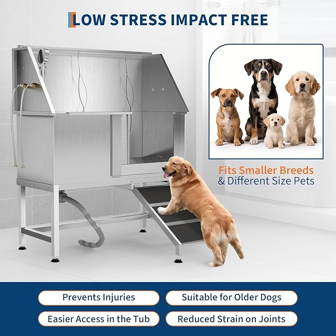 50" Stainless Steel Professional Dog Washing Station - Pet Bathing Tub w/Non-Slip Ramps | Slip-Resistant Floor Grate | for Large/Medium/Small Dogs-PawvioPets