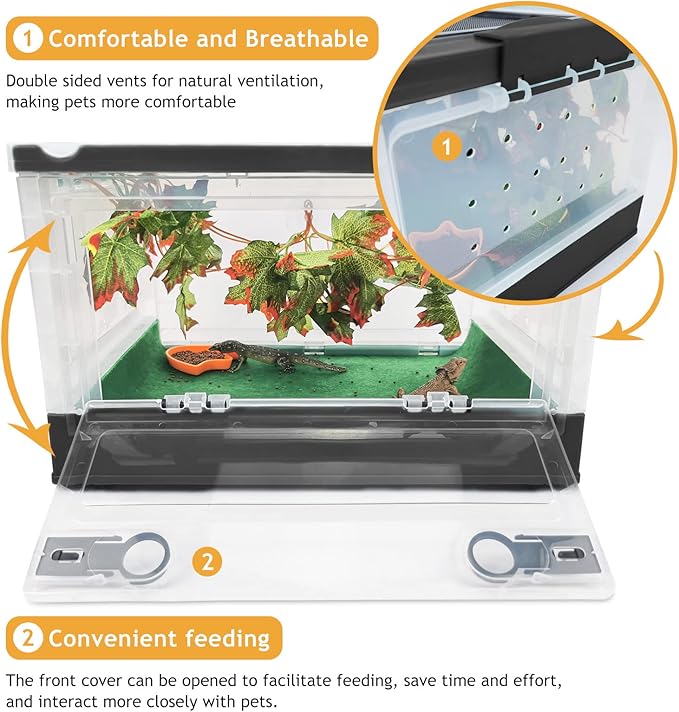 Foldable Reptile Terrariums Kits with Plant, Feeding Bowl, Carpet, Easy to Carry, Easy to Move with Wheels, Heat-Resistant Material, Suitable for Lizard Tortoise Leopard Gecko (Black)-PawvioPets