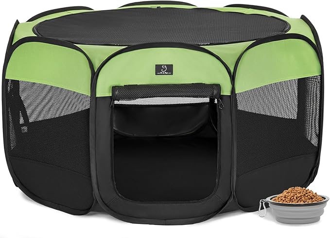 A4Pet Puppy Playpen Indoor, 39.5” Portable Pet Playpen with Bowl, Suitable for Puppies, Kittens, and Small Animals, Removable Zipper & Mesh Panel(16”W × 10”H)-PawvioPets