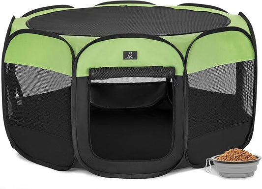 A4Pet Puppy Playpen Indoor, 39.5” Portable Pet Playpen with Bowl, Suitable for Puppies, Kittens, and Small Animals, Removable Zipper & Mesh Panel(16”W × 10”H)-PawvioPets