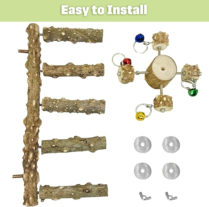 BNOSDM Natural Wood Bird Ladder Perch with Rotating Bell Toys-Exercise Stands for Parrot Climbing Chewing Parakeet Bridge Cage Accessories for Cockatiel, Conures, Lovebirds, Budgie-PawvioPets