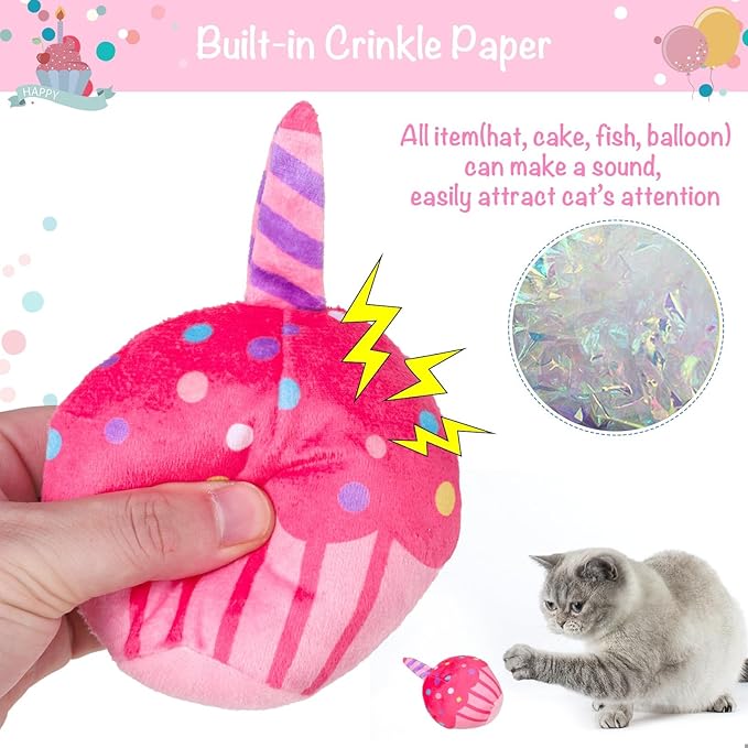 BINGPET Catnip Toys for Indoor Cats, Cat Birthday Hat and Interactive Plush Kitten Chew Toys - Cute Cake, Fish, Balloon Toys with Crinkle Paper and Catnip Inside Pink-PawvioPets