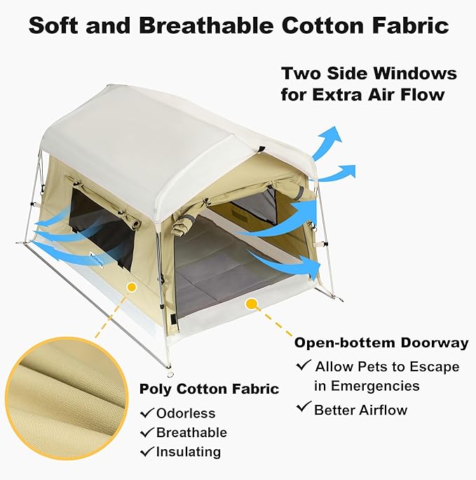 Dog Tent Cotton Fabric, Aluminum Poles and Camping Mat, Outdoor Weatherproof, Dog House Outdoor, Breathable with 2 Side Windows, Portable and Collapsible (Green, Large)-PawvioPets