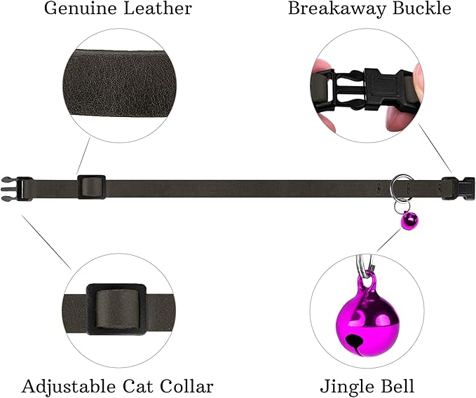 Breakaway Cat Collar Leather with Removable Bell - 13 Colors Available - Soft Adjustable Girl Boy Safety Lightweight Pet Kitten Collars Pink Brown Blue Green Red Orange Black (Graphite)-PawvioPets