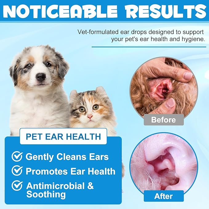 Ear Infection Treatment Drops for Dogs and Cats, Pets Ear Cleaning Solution Drops with 1% Hydrocortisone Soothing Dog Yeast Infection, Itchy Ear Relief, Pet Ear Care Supplies for Dogs & Cats - 2 fl oz-PawvioPets