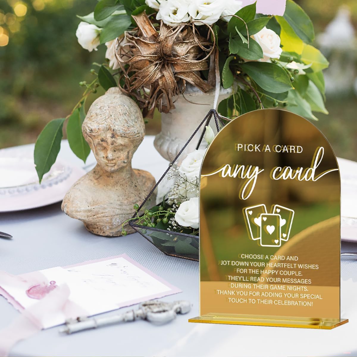 Acrylic Wedding Sign, Bridal Shower Decorations, Pick A Card Sign for Ceremony, Modern Font Table Signs, Gold Mirror Arched Acrylic Tabletop Signs for Wedding Reception and Event Party