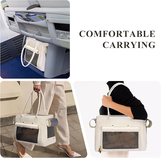 Fashion Pet Carrier Purse for Small Cat and Dog, Luxury Pu Soft-Sided Tote Bag with Large Pockets for Dogs and Puppies (White, 15.8" L x 7.5" W x 11.8" H)-PawvioPets