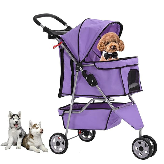 Dog Stroller,3 Wheels Travel Folding Pet Strollers for Small Medium Dog Cat Jogger Stroller with Storage Basket Removable Liner Purple-PawvioPets
