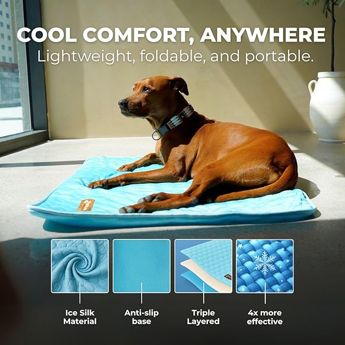 Dog Cooling Mat- Ice Silk Summer Comfort, Self Cooling, Non-Slip Dog Pad, Durable & Washable, Mat for Large Dogs 65x95 cm, Support Shelter Dogs with Every Purchase (Blue)-PawvioPets
