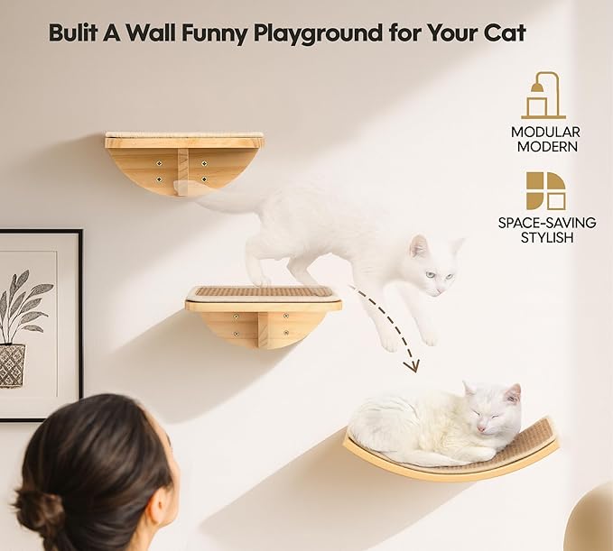 Curved Cat Wall Hammock with Scratchable Sisal Pad, Large Floating Cat Shelf for Wall, Wall Mounted Beige Bed for Playing, Climbing, and Sleeping-PawvioPets