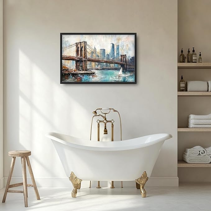 Extra Large Framed Brooklyn Bridge Wall Art,New York City Wall Decor,Abstract Skyline Cityscape Pictures for Living Room,Canvas Print Painting Modern Artwork Bedroom Office Bathroom 36L x24W-PawvioPets
