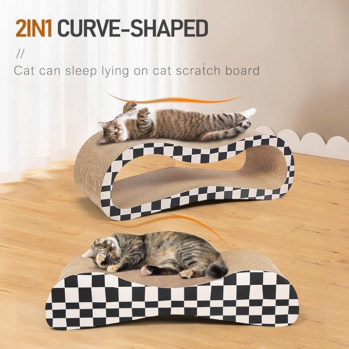 2 in 1 Cat Scratcher Cardboard Lounge Bed, Cat Scratching Post, Durable Board Pads Prevents Furniture Damage,Large,Checkerboard-PawvioPets