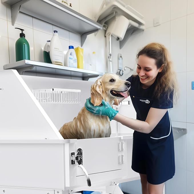 Dog Washing Station for Home, 38" White Professional Stainless Steel Dog Grooming Tub, Height Adjustable Dog Bathing Station, Upgrade Parts, Dog Bath Tubs for Small & Medium Dogs(Left Ramp)-PawvioPets