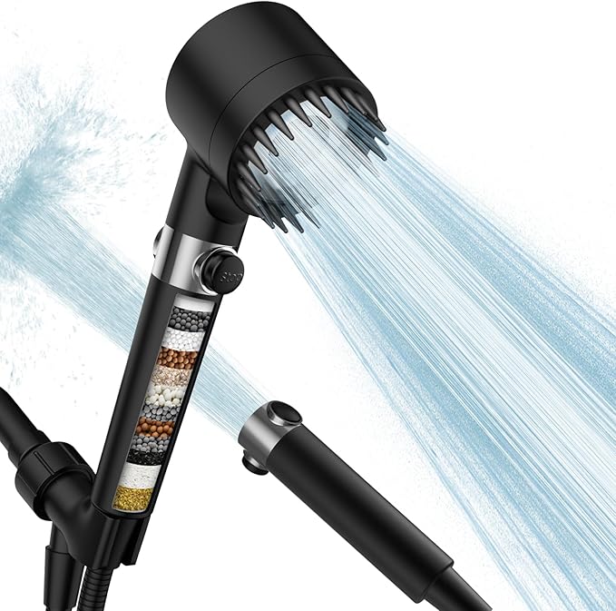 Filtered Shower Head with Handheld, High Pressure 3 Spray Mode Showerhead with 18 Stage Water Softener Filters for Hard Water - Remove Chlorine-BLACK-PawvioPets