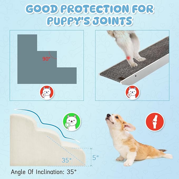 Dog Stairs & Steps for High Beds, 2 Steps High Density Foam Waterproof Dog Ramp for Small Dogs and Cats, Pet Stairs with Washable Cover for Bed, Couch, Sofa and Car, Beige (H: 11.8")-PawvioPets
