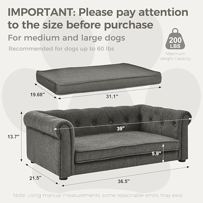 Dog Sofa Couch for Medium Dogs, 31" Memory Foam Dog Couch with Washable Fabric, Removable Cushion, Sofa Bed for Medium Dogs, Grey-PawvioPets