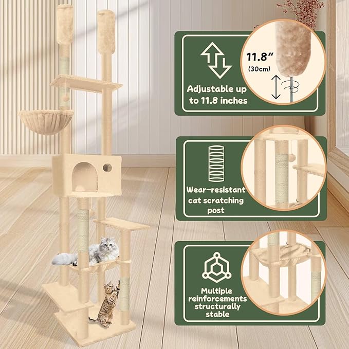 96.5"-108" Cat Tree Floor to Ceiling 7-Tier Cat Tower Adjustable Height with Scratching Posts, Cozy Hammock, Cat Condo for Indoor Cats(Beige)-PawvioPets