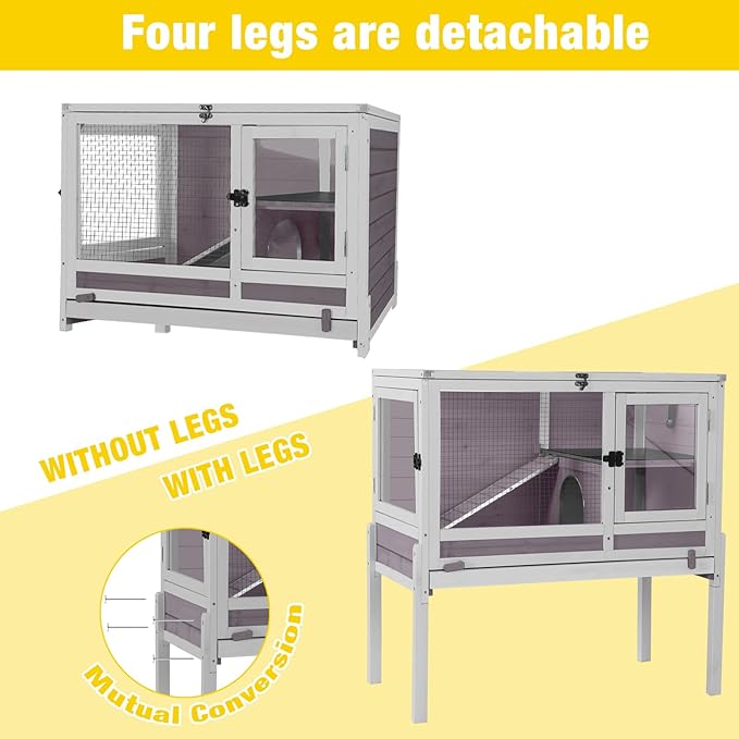 Aivituvin 2-Story Rabbit Hutch with Anti-Chew Ramp & Zinc Sheet - 36.6" Indoor Guinea Pig Cage, Wooden Stand, Pull-Out Tray & Leakproof Floor (Grey)-PawvioPets