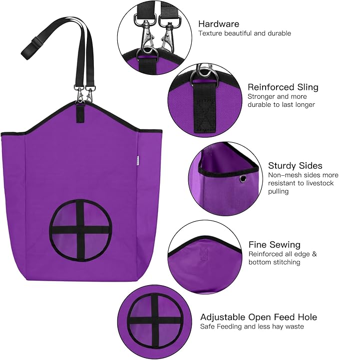 3 Packs Goat Hay Feeder,Hay Bags for Goats,Horses,Sheep,Premium 600D Oxford Cloth,with Metal Fastener and Adjustable Open Feed Hole for Slow Feeding. (2Purple + 1Black)-PawvioPets