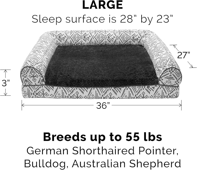 Furhaven Orthopedic Dog Bed for Large/Medium Dogs w/ Removable Bolsters & Washable Cover, For Dogs Up to 55 lbs - Plush & Southwest Kilim Woven Decor Sofa - Boulder Gray, Large-PawvioPets