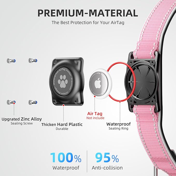 Airtag Dog Collar - 100% Waterproof Air tag Dog Collar Holder for Apple AirTag, Reflective, Soft Padded, Everlasting, GPS Dog Collar for Small Medium Large Dogs (Pink, S)-PawvioPets