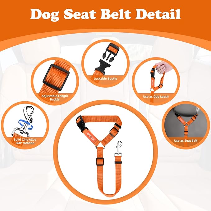 BWOGUE 2 Packs Dog Cat Safety Seat Belt Strap Car Headrest Restraint Adjustable Nylon Fabric Dog Restraints Vehicle Seatbelts Harness Orange-PawvioPets