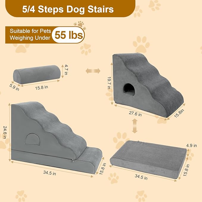Dog Stairs for Small Dogs 24.6" H, 5-Step Dog Steps for High Bed, High-Density Foam Curved Pet Stairs with Non-Slip Removable Washable Cover to Get on Bed-PawvioPets