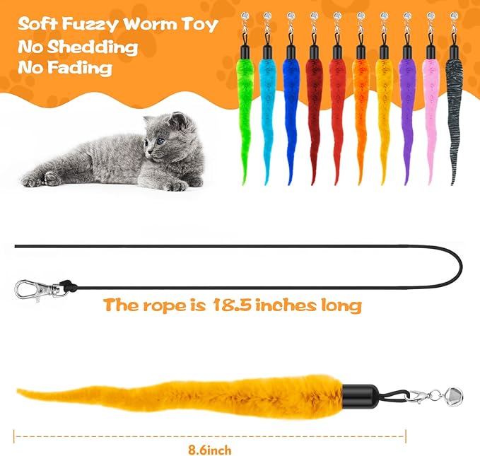 10PCS Cat Worm Toy, Cat Wand Attachment Fuzzy Worm Toys Refill with 1PCS Black String for Wand Replacement, Interactive Cats Kittens Toys for Indoor-PawvioPets